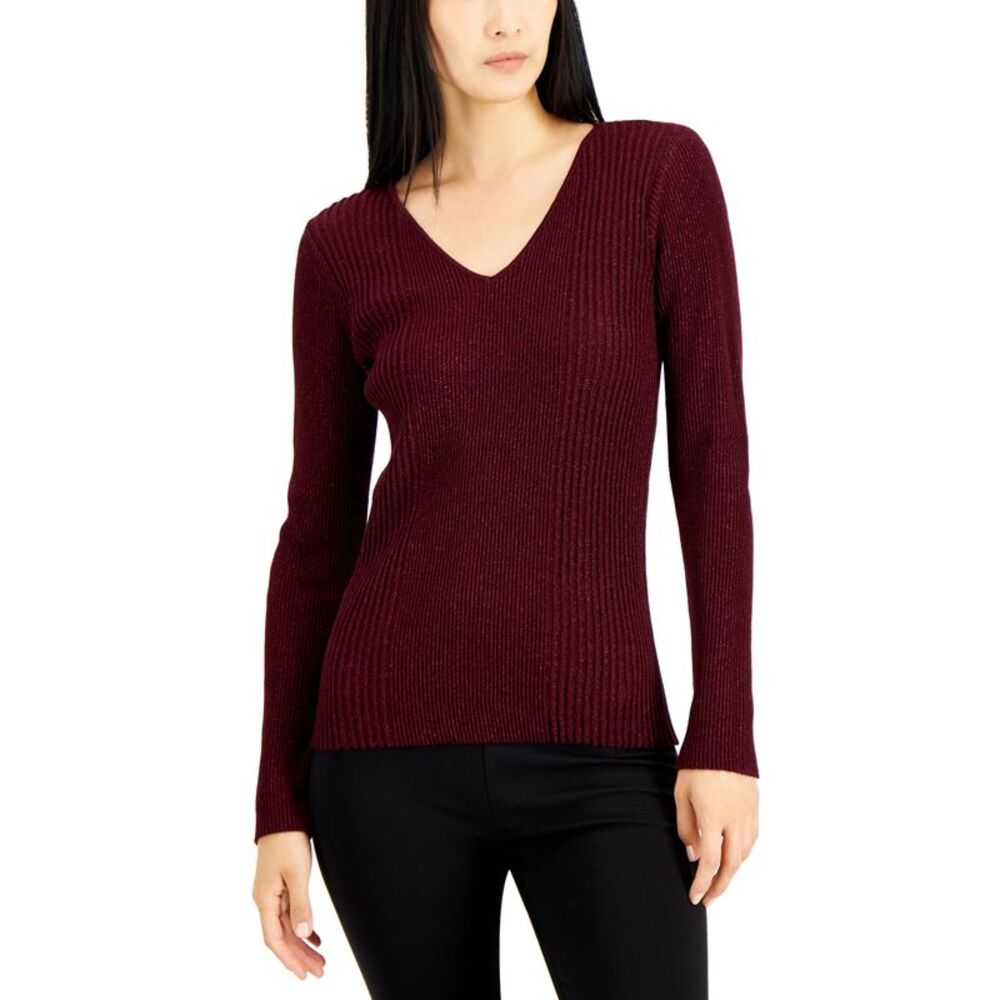 Alfani Womens Metallic Ribbed V Neck Sweater
